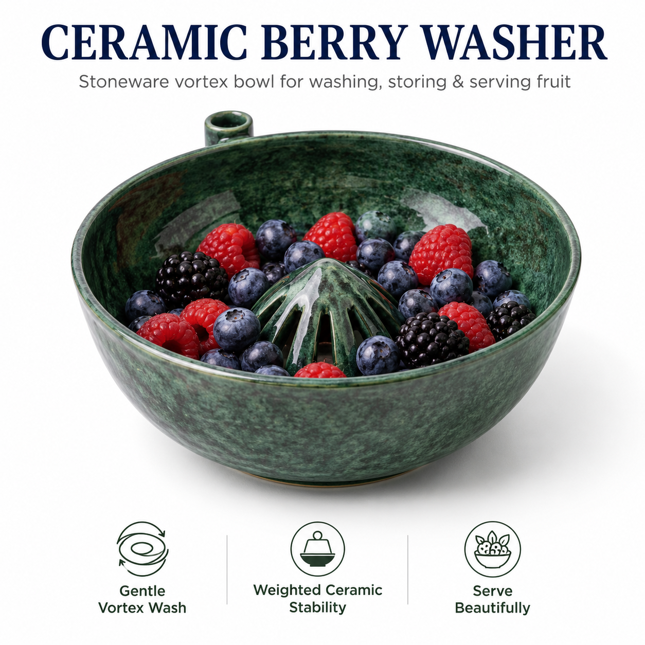 Ceramic berry washer bowl — hand-thrown stoneware with vortex drain, ≈450g weighted stability