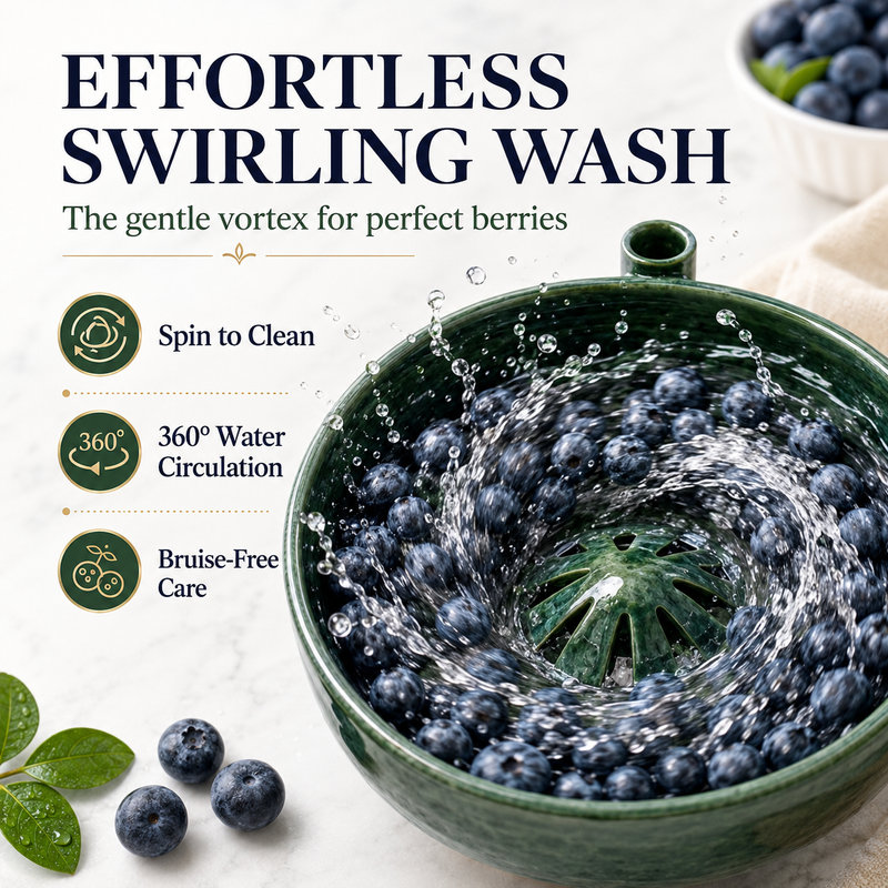 Effortless swirling wash — 360° vortex water circulation for bruise-free berry cleaning