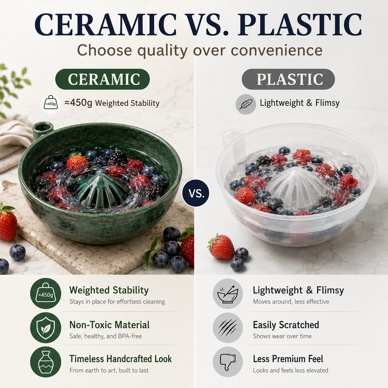Ceramic vs plastic berry washer — ≈450g weighted ceramic vs lightweight plastic, non-toxic and BPA-free