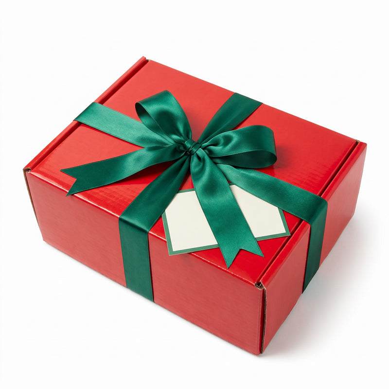 Christmas matcha gift box: red box tied with a green satin ribbon and bow, with a blank note card