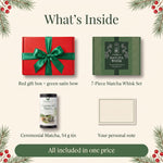 What's inside the Christmas matcha gift box: red gift box with green bow, 7-piece matcha whisk set, 54 g ceremonial matcha tin, personal note card