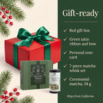 Gift-ready checklist: red gift box, green satin ribbon and bow, personal note card, 7-piece matcha whisk set, ceremonial matcha 54 g