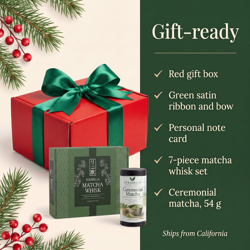 Gift-ready checklist: red gift box, green satin ribbon and bow, personal note card, 7-piece matcha whisk set, ceremonial matcha 54 g