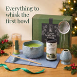 Christmas matcha gift box, Blue: blue ceramic matcha bowl, whisk holder and tea mat with bamboo whisk, scoop, sifter and Ceremonial Matcha tin