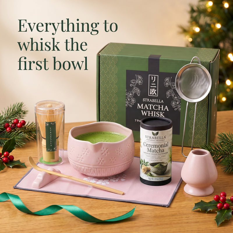 Christmas matcha gift box, Pink: pink ceramic matcha bowl, whisk holder and tea mat with bamboo whisk, scoop, sifter and Ceremonial Matcha tin