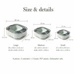 colander bowl set dimensions — small, medium and large sizes in cm and inches