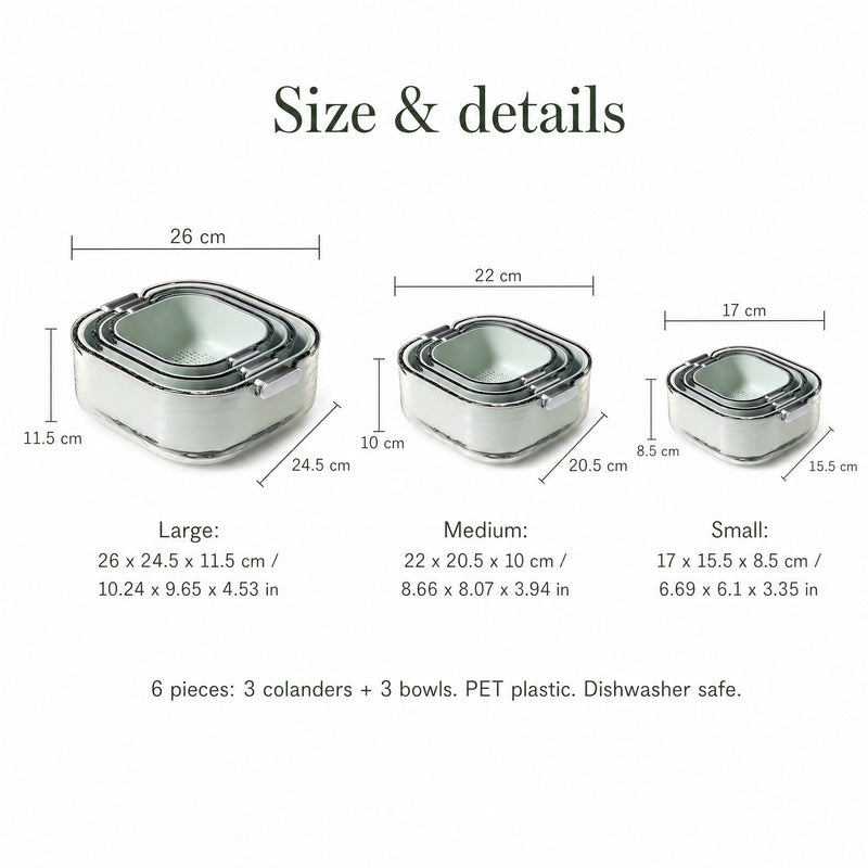 colander bowl set dimensions — small, medium and large sizes in cm and inches