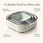 colander bowl set features — perforated insert, clear bowl, handles both sides, 3 sizes