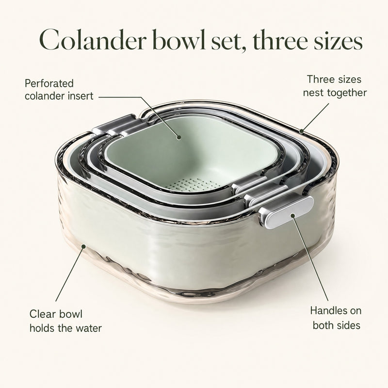 colander bowl set features — perforated insert, clear bowl, handles both sides, 3 sizes
