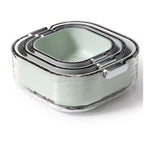 colander bowl set — 3 nesting sizes, mint green, perforated colander inserts with clear bowls