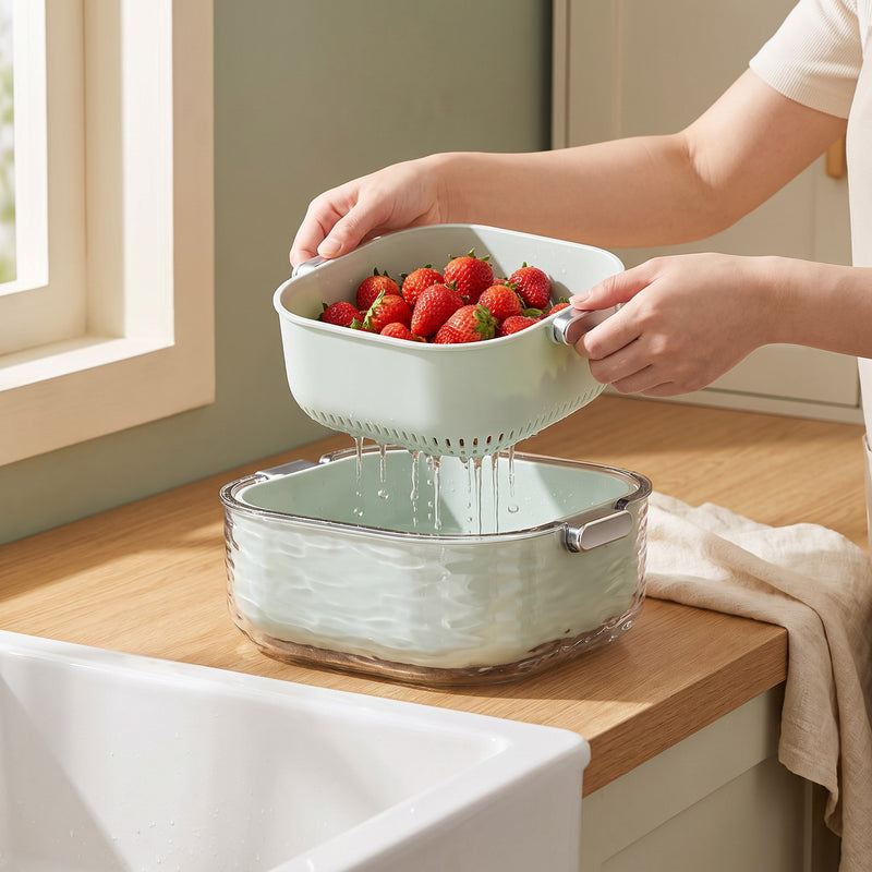 colander bowl set in use — lifting the colander insert out, water stays in the bowl