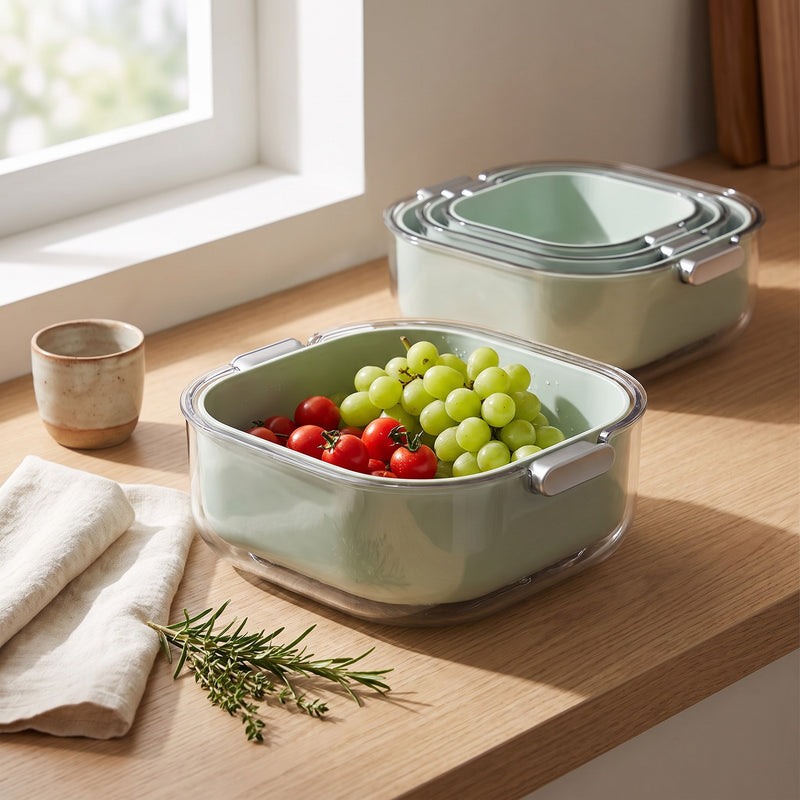plastic colander with bowl on a kitchen counter with grapes and tomatoes
