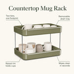 Countertop mug rack features — two tiers, removable drain tray, raised rim, wipes clean