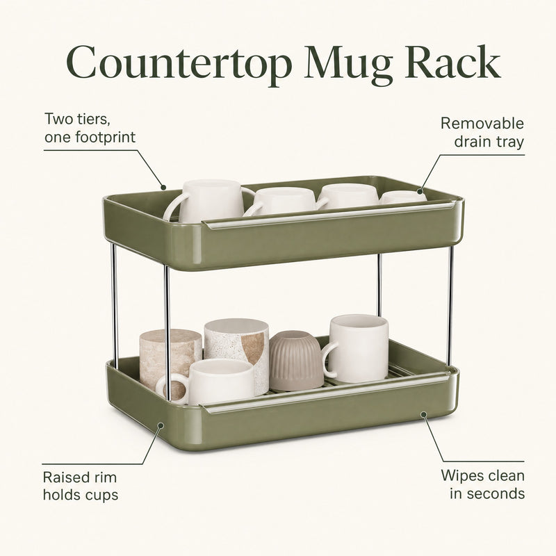 Countertop mug rack features — two tiers, removable drain tray, raised rim, wipes clean