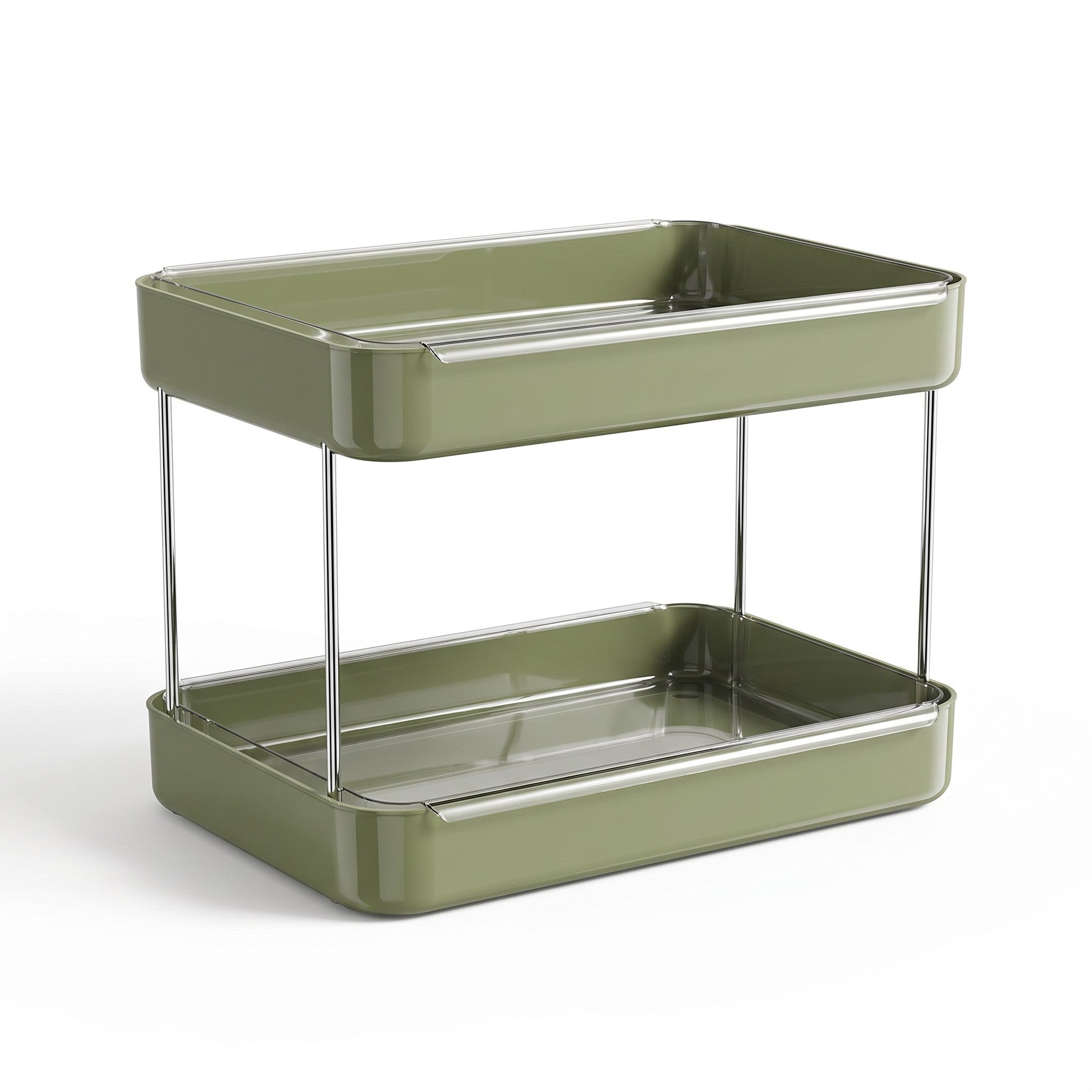 Countertop mug rack — empty two-tier sage green rack with chrome posts on white