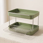 Mug drying shelf — assembled two-tier rack with the clear drain tray pulled out for rinsing