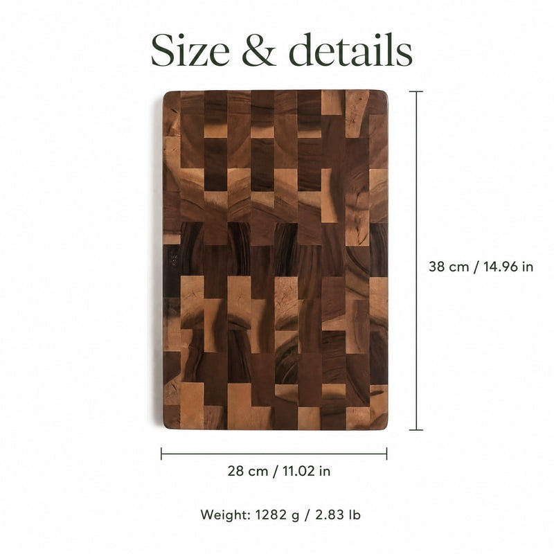 End grain cutting board size — 38 x 28 cm (14.96 x 11.02 in), 1282 g