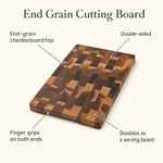 End grain cutting board features — double-sided, finger grips, doubles as a serving board
