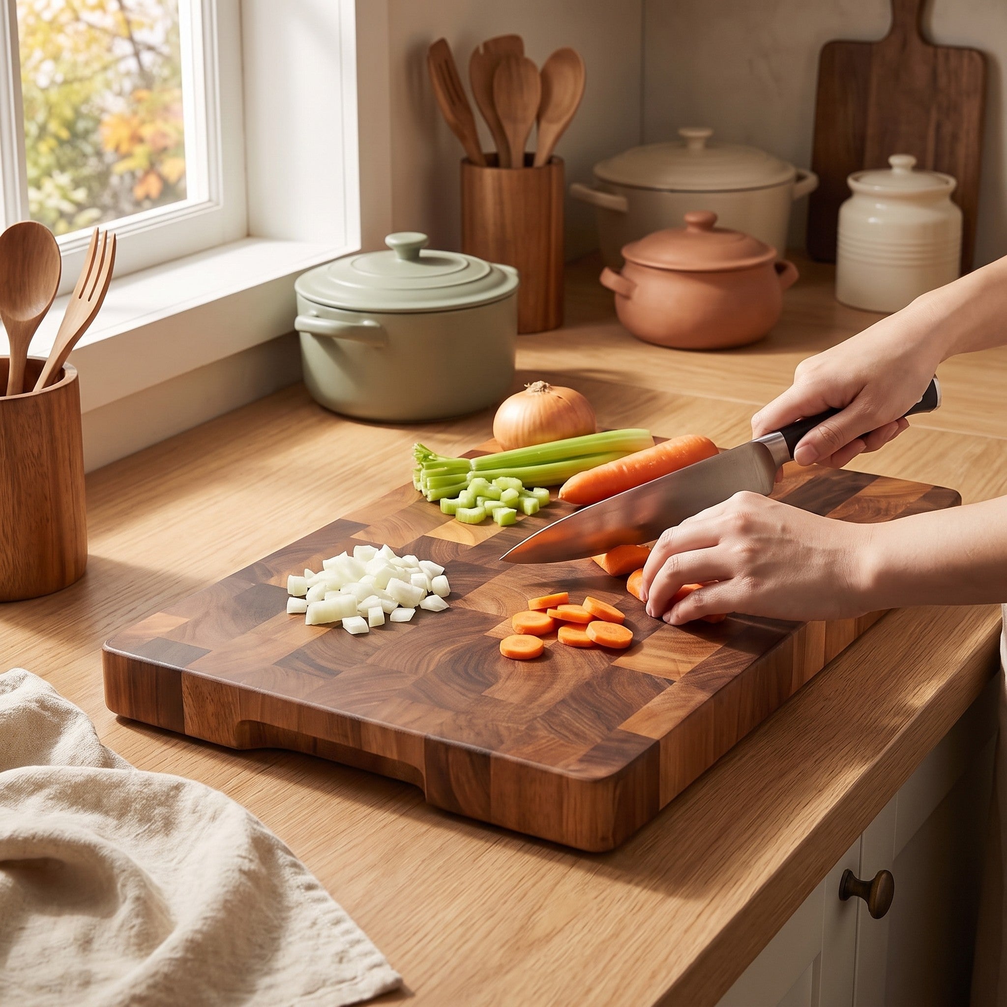 End grain cutting board in use — chopping carrots, celery and onion on a kitchen counter