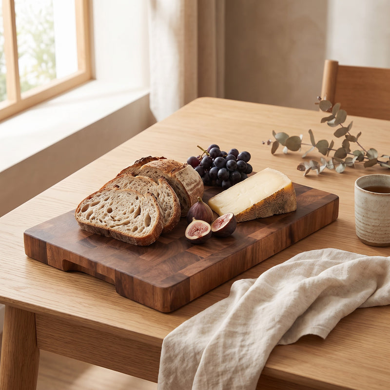 Solid wood cutting board used as a serving board with bread, cheese and figs