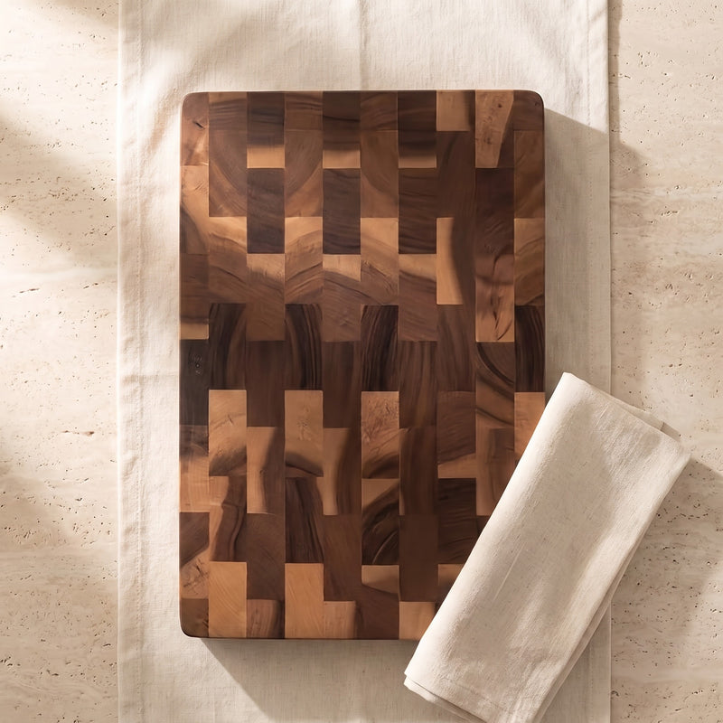What is included — one large wood cutting board, top-down on cream linen