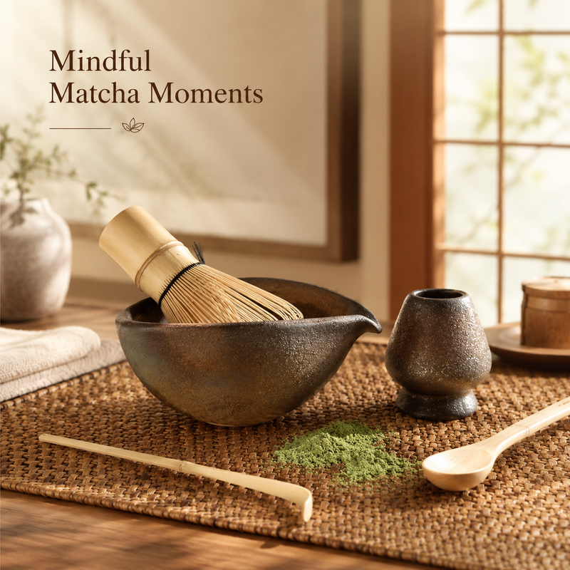 Gilt matcha ceremony set on a Japanese-inspired wooden table — ceramic bowl with bamboo whisk resting inside