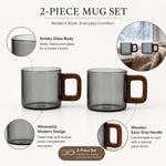 Strabella glass coffee mug set features: smoky glass body, minimalist design, wooden easy-grip handle, 2-piece set