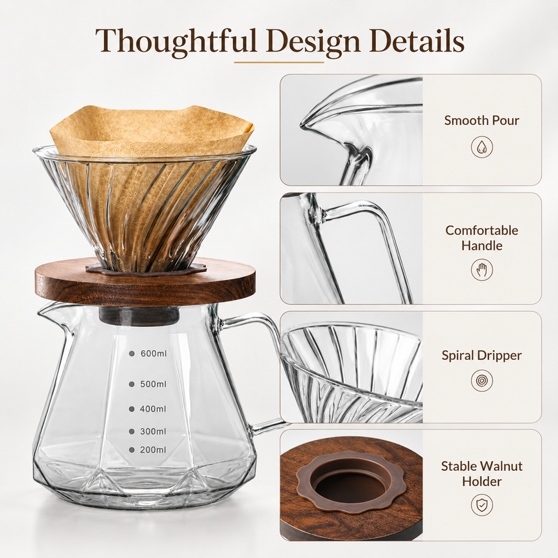 Close-up of Strabella glass pour-over design details: smooth pour spout, comfortable handle, spiral dripper and walnut holder