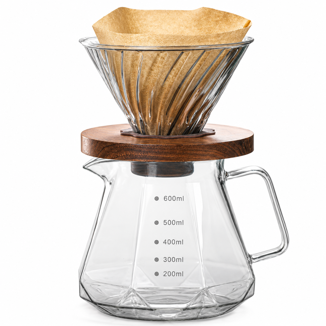 Strabella diamond-cut glass pour-over coffee maker with 600 ml marked carafe, spiral glass dripper and walnut collar