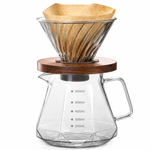 Strabella diamond-cut glass pour-over coffee maker with 600 ml marked carafe, spiral glass dripper and walnut collar