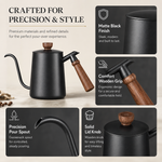 Strabella gooseneck coffee pot craftsmanship — matte black finish, wooden grip, precision pour spout, solid lid knob
