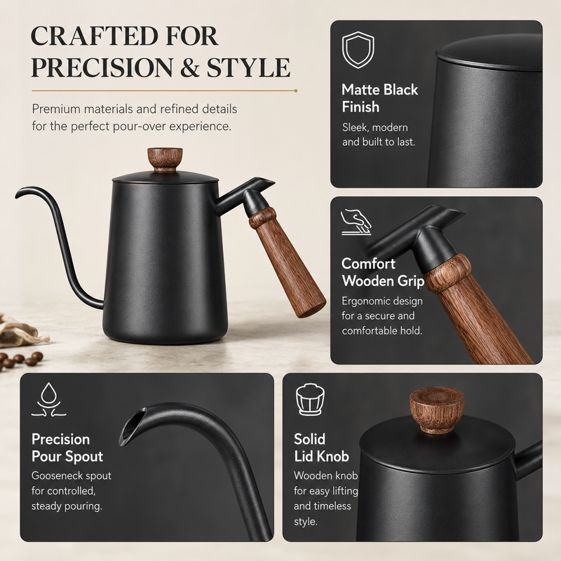 Strabella gooseneck coffee pot craftsmanship — matte black finish, wooden grip, precision pour spout, solid lid knob
