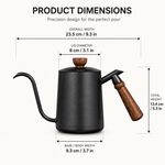 Strabella gooseneck coffee pot dimensions — 23.5cm wide, 13.4cm tall, 9.3cm base width