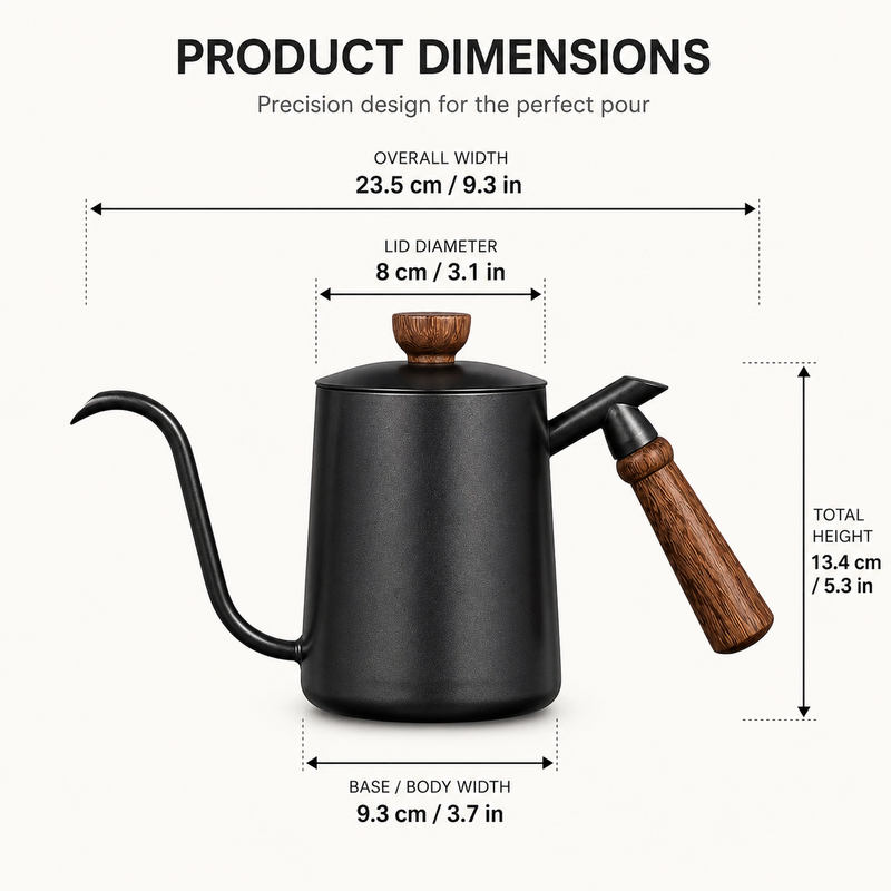 Strabella gooseneck coffee pot dimensions — 23.5cm wide, 13.4cm tall, 9.3cm base width