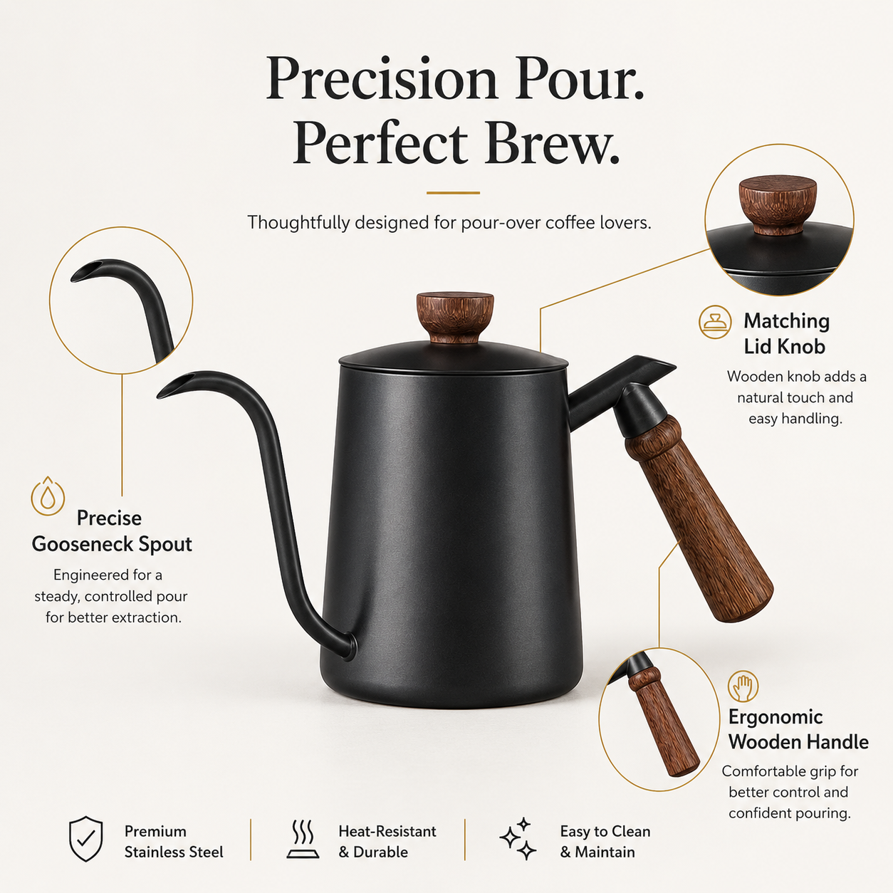 Strabella gooseneck coffee pot features — precision pour spout, wooden lid knob, ergonomic handle callouts