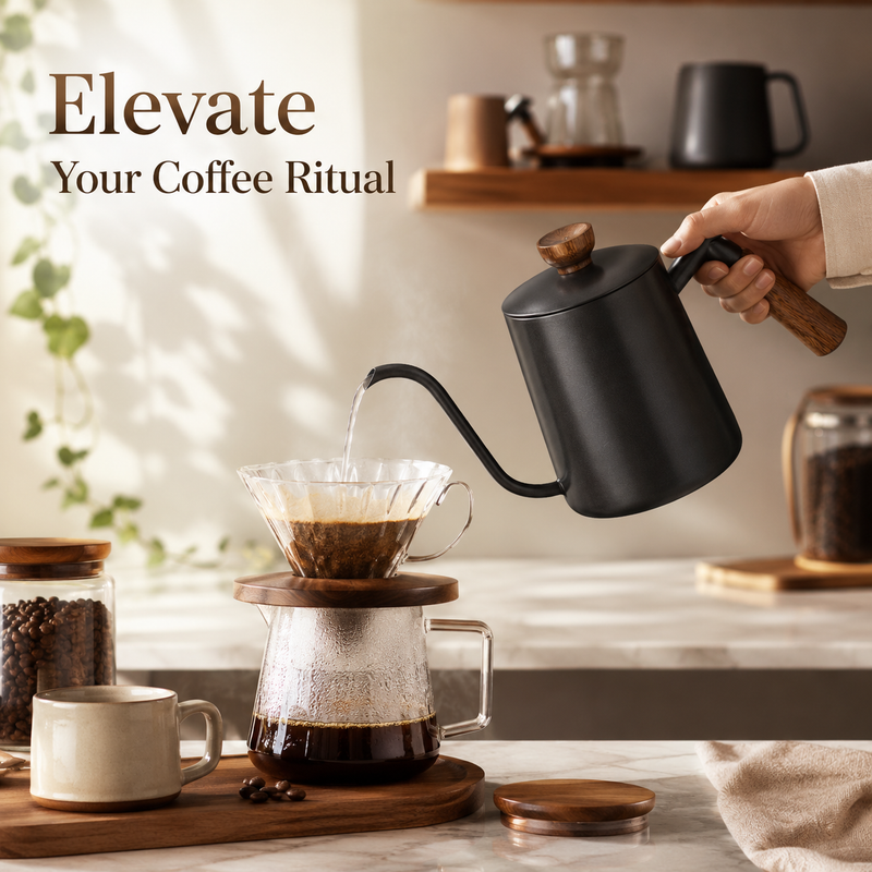 Strabella gooseneck coffee pot in use — slow controlled pour over dripper into coffee server