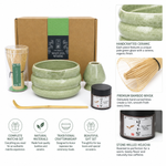 Strabella Hojicha Set features — handcrafted sage ceramic bowl, premium bamboo whisk and stone-milled low-caffeine Kyoto hojicha