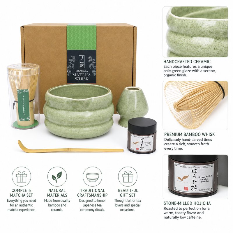 Strabella Hojicha Set features — handcrafted sage ceramic bowl, premium bamboo whisk and stone-milled low-caffeine Kyoto hojicha