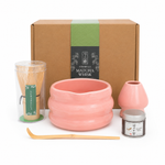 Strabella Hojicha Set in pink — ceramic chawan bowl, bamboo whisk, whisk holder, scoop, gift box and 30g Kyoto hojicha tin