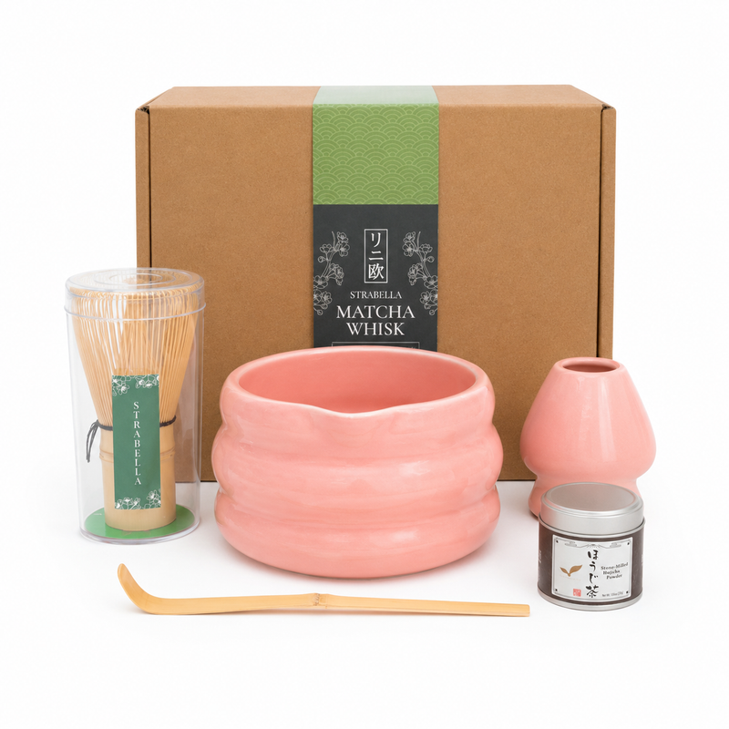 Strabella Hojicha Set in pink — ceramic chawan bowl, bamboo whisk, whisk holder, scoop, gift box and 30g Kyoto hojicha tin