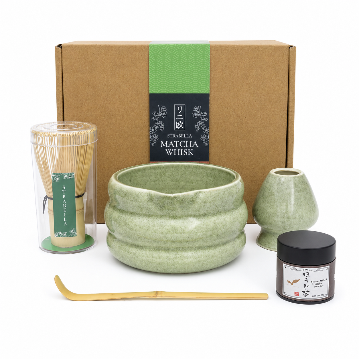 Strabella Hojicha Set in sage green — ceramic chawan bowl, bamboo whisk, whisk holder, scoop, gift box and 30g Kyoto hojicha tin