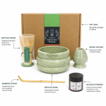 What's included in the sage green Strabella Hojicha Set: gift box, bamboo whisk, whisk holder, bamboo scoop, ceramic bowl and 30g hojicha powder