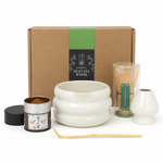 Strabella Hojicha Set in white — ceramic chawan bowl, bamboo whisk, whisk holder, scoop, gift box and 30g Kyoto hojicha tin