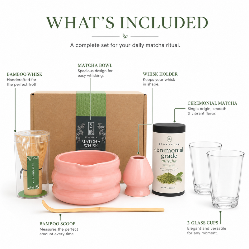 What's included in the rose matcha set: bamboo whisk, pink ceramic bowl, whisk holder, bamboo scoop, ceremonial matcha tin and 2 glasses