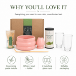 Why you'll love the rose matcha set — ceremonial matcha, whisk and bowl, 2 glasses, gift-ready packaging