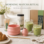 Rose matcha morning ritual — pink ceramic bowl, ceremonial matcha tin and two iced matcha glasses