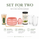 Rose iced matcha set — pink ceramic bowl, bamboo whisk, whisk holder, scoop, 2 glass cups and 54g single-origin ceremonial matcha
