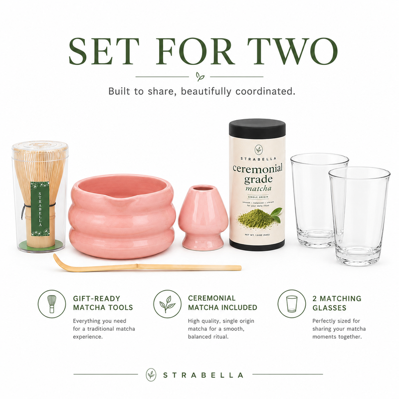 Rose iced matcha set — pink ceramic bowl, bamboo whisk, whisk holder, scoop, 2 glass cups and 54g single-origin ceremonial matcha