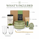 What's included in the sage matcha set: bamboo whisk, ceramic bowl, whisk holder, bamboo scoop, ceremonial matcha tin and 2 glasses