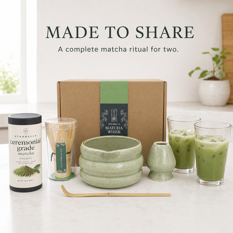 Sage matcha set for two with iced matcha lattes in two glasses
